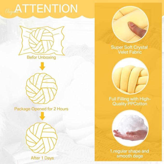 Fumete 2 Pcs 14 Inches Knot Pillow Round Throw Soft Plush Knot Ball Pillow Handmade Knotted Modern Home Decorative Cushion for Bed Bedroom, Sofa, Couch (Yellow)