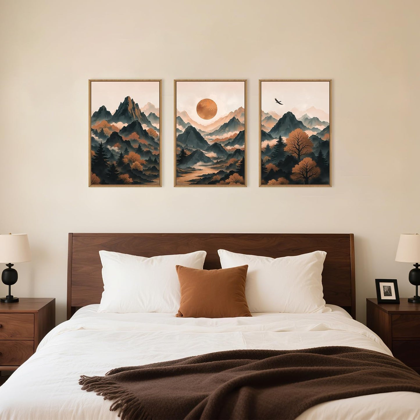 Large Boho Mountain Framed Canvas Wall Art Set, Brown Ridge Landscape Wall Decor, Pine Tree Scenery Wall Painting, Abstract Wilderness Art Print for Living Room, Bedroom, Office - 16"X24"X3