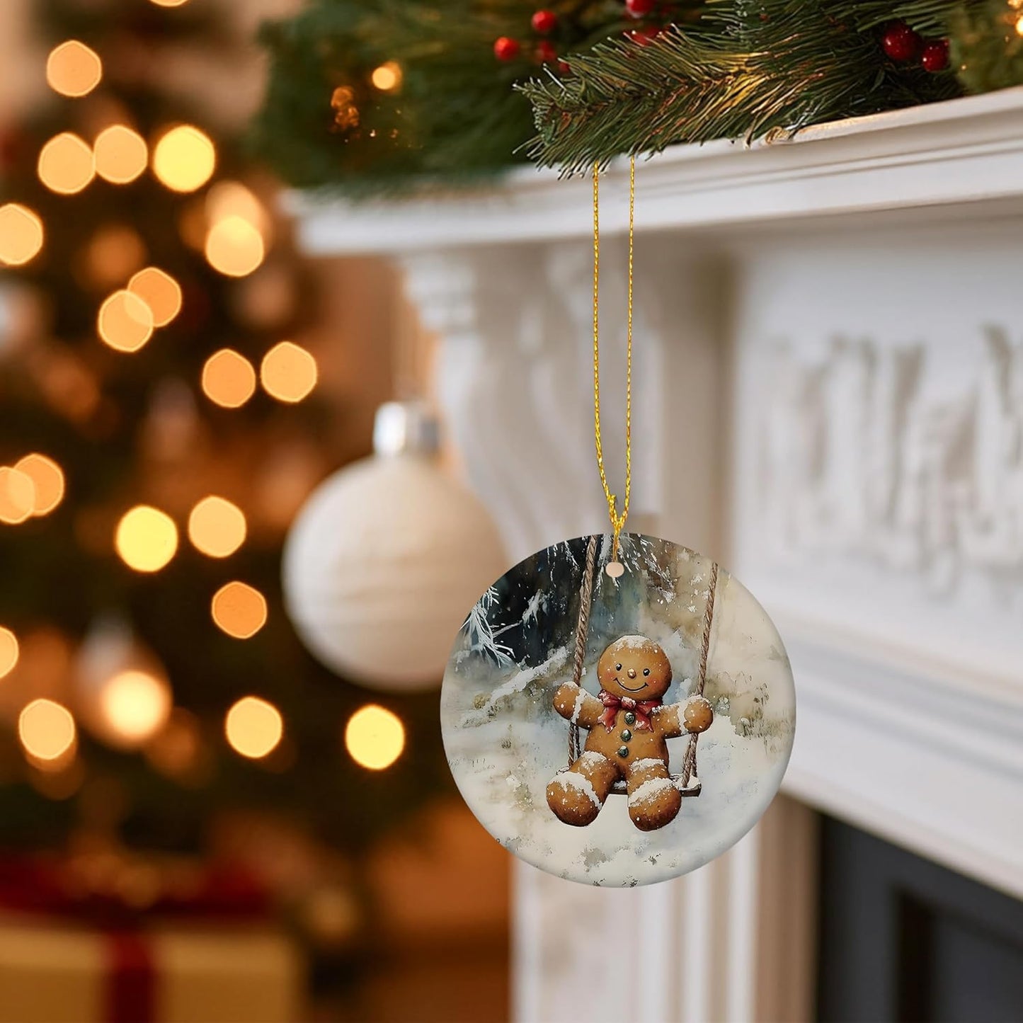 Vintage Christmas Gingerbread Ceramic Ornament Gifts, Rustic Winter Gingerbread Swing Decorative Hanging Ornaments for Xmas Tree Holiday Party Decoration, Winter Xmas Tree Decorations