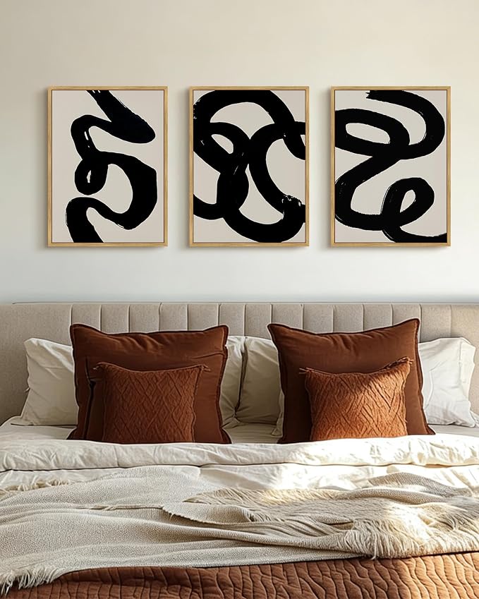 PHOPAGO Black Abstract Modern Framed Wall Art Ink Wash Minimalist Thick Black Lines Paints Artwork Bedroom Living Room Home Decor - 12x16in Natural Framed