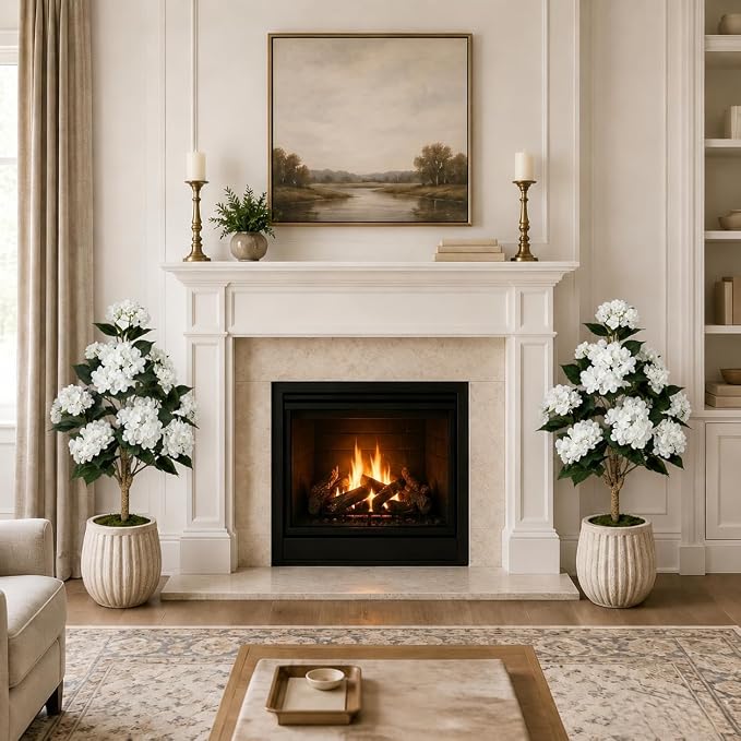 Faux Hydrangea Tree 3ft Set of 2,Artificial Hydrangea Bush UV Resistant,Fake Hydrangea with White Flowers in Pot,Artificial Plants for Outdoor Indoor Front Porch Patio Office Decor