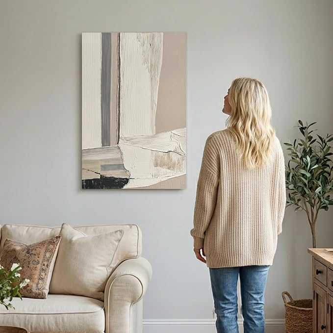Modern Abstract Neutral Canvas Wall Art, Textured Painting for Living Room | Hand-Painted White Beige Gray Composition Artwork for Bedroom Office Hallways,Large Geometric Wall Decor Ready to Hang 24x36"