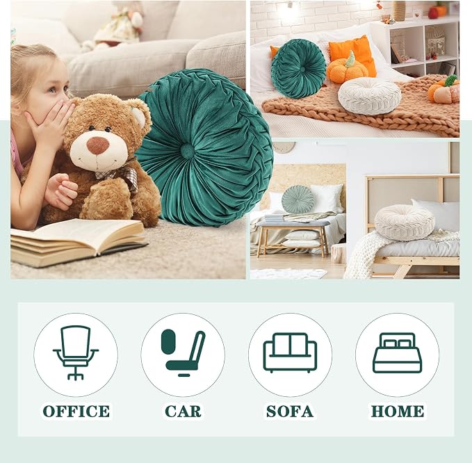 Drydiet 3 Pcs Round Throw Velvet Pillows Decorative Pleated Throw Pillows Diameter Accent Pumpkin Boho Chair Cushion for Couch Sofa Home Decoration (White,Light Green,Green,15'')