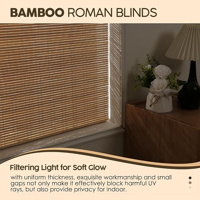 Cordless Bamboo Roman Shades, Light Filtering Bamboo Shades Blinds Window Treatment Roll Up Blind for Windows, 30" W x 64" H, Beige