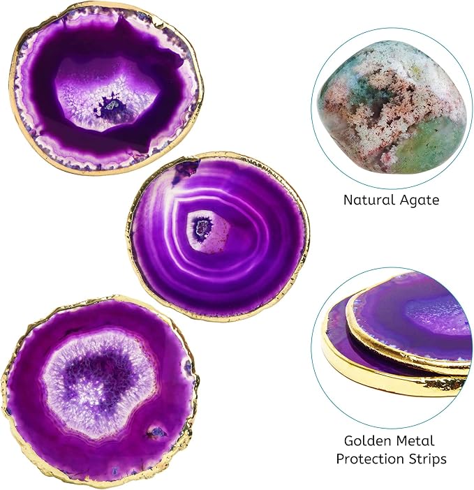 Luxiv Agate Coasters Set of 4 Crystal Drink Coasters with Gift Box (Purple) | Set Of 4 Natural Purple Agate Coasters, 3-4 Inch Crystal Stone With Gold Edge, Gift Box Included For Home Drink And Decor