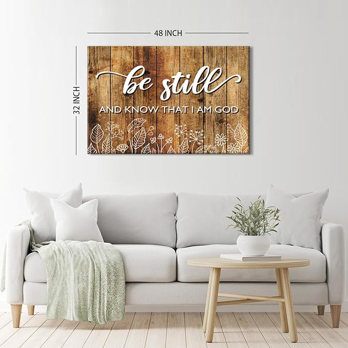 Farmhouse Christian Wall Art for Living Room Rustic Vintage Religious Bible Verse Picture Be Still and Know That I Am God Posters Canvas Prints Framed Artwork Bedroom Kitchen Home Decorations 32x48