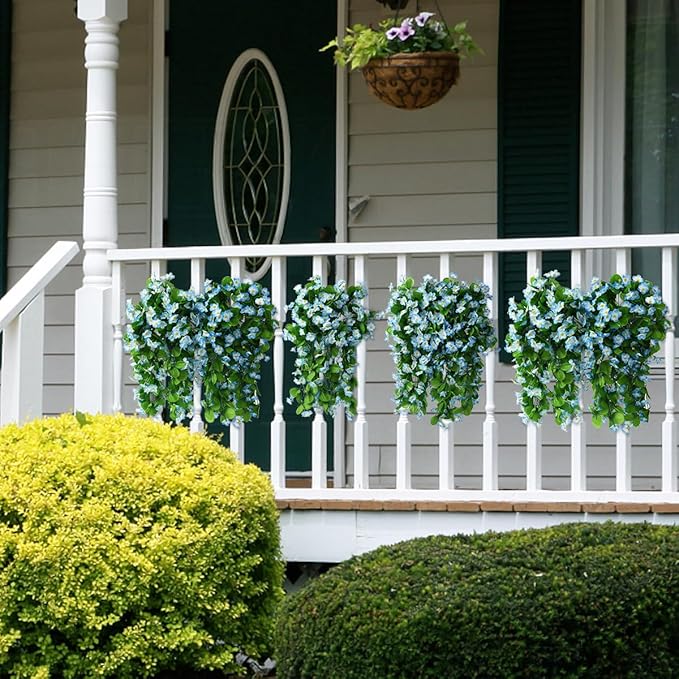 ZFProcess Artificial Fake Hanging Flowers Plants for Outdoor Spring Decoration, 2PCS Faux Silk Violet UV Resistant Look Real Trailing Vines for Outside Home Planter Porch Patio(Blue)