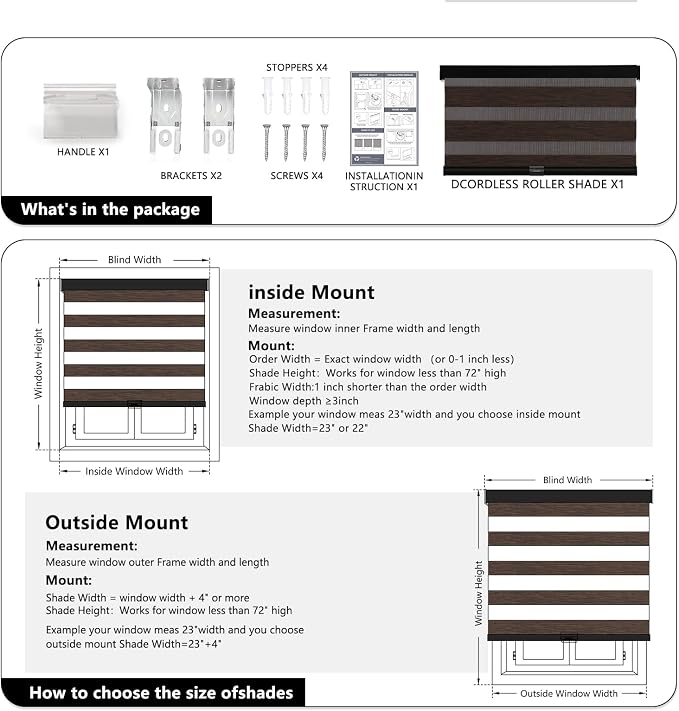 AOSKY Cordless Zebra Blinds for Windows Pull Down Roller Window Shades Dual Layer Light Filtering Privacy for Day and Night, Free-Stop Door Shades for Home Easy to Install Brown 25" W X 72" H