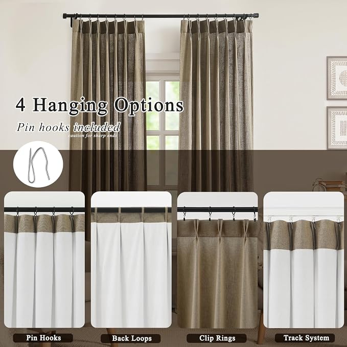Central Park Pinch Pleat Light Filtering Curtain Panel with Microfiber Liner 102 Inch for Living Room, Linen Blended Textured Window Treatment for Bedroom with Back Tab Hooks, Café Brown, 40"Wx102"Lx2