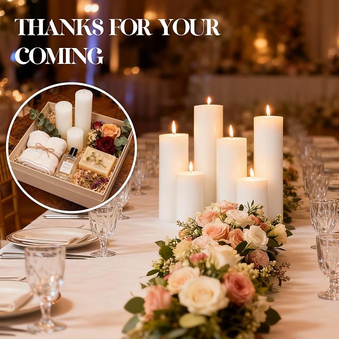 18 Pcs White Pillar Candles Bulk Set，Hurricane Candles，2x3 2x6 2x8 Inch - 12 Each Size，Dripless Unscented Smokeless，Gives You a Better Atmosphere When Organizing an Event Party.