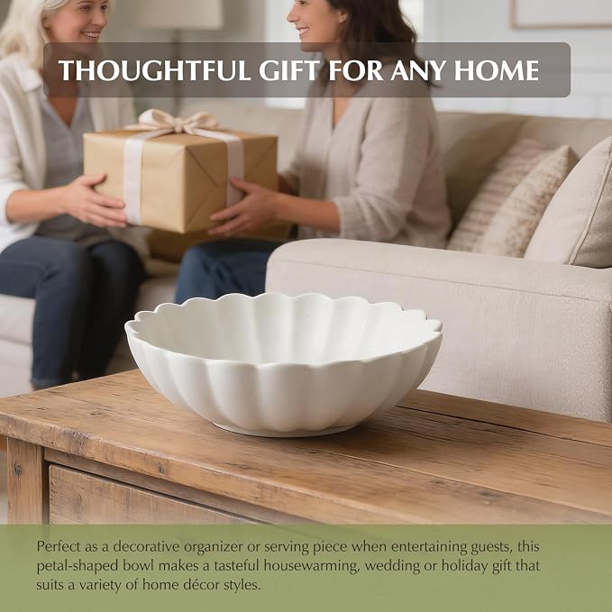 10.5” Large Ruffle Scalloped Fluted Bowl for Kitchen Counter, White Ceramic Flower Shaped Decorative Bowl , Versatile bowl with scalloped edgel for Entryway Key, Neutral Home Decor Centerpiece Bowl