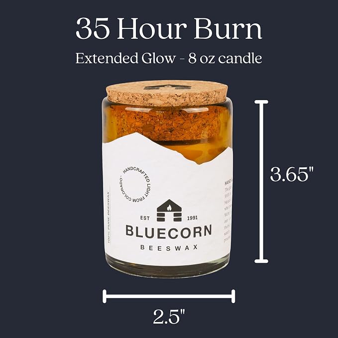 Bluecorn Beeswax 1-Wick Candle, 100% Pure Bees Wax, Amber Glass, Fragrance Free Candle Wax, Soy Free, Clean Burning, Long Lasting (35 Hr), Home Decor, Gifts for Women & Men, American Made, 8 Oz, 1 Ct