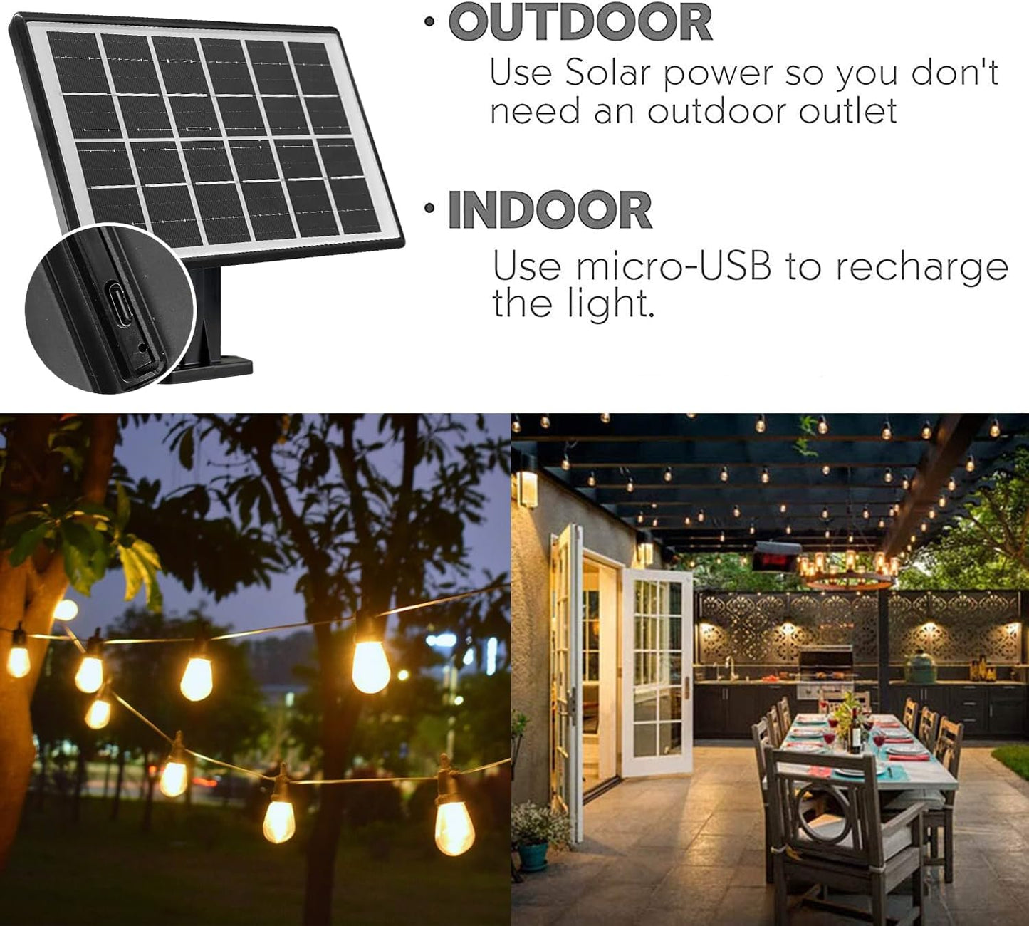 SUNTHIN Outdoor Solar String Lights, 48ft Solar Patio Lights with USB Rechargeable, Waterproof & Shatterproof Solar Powered Bulbs for Yard, Porch, Garden, Pool, Party, Camping