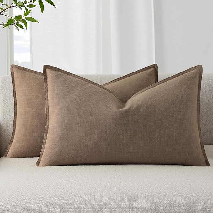 decorUhome Summer Decorative Linen Throw Pillow Covers 12x20 Inch Set of 2 Light Brown Lumbar Pillow Covers with Flange Edges Soft Farmhouse Boho Accent Pillow Cases for Couch Bed Living Room
