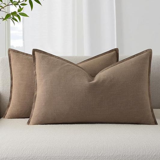 decorUhome Summer Decorative Linen Throw Pillow Covers 12x20 Inch Set of 2 Light Brown Lumbar Pillow Covers with Flange Edges Soft Farmhouse Boho Accent Pillow Cases for Couch Bed Living Room