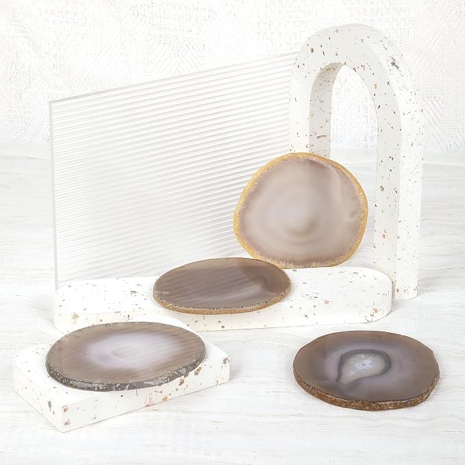 Natural Agate Coasters for Drinks Set of 4 | Natural Stone Coasters 3.5-4", Decorative Gemstone Coasters for Coffee Table, Bar or Desk, Housewarming Gift for Friends