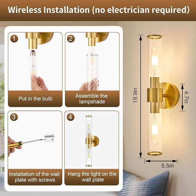 Morauroral Gold Battery Operated Wall Sconce, Rechargeable Wall Lights with Remote, 20 Inch Modern Wireless Wall Lamp for Bedroom, Living Room with White Shade (Bulbs Included)