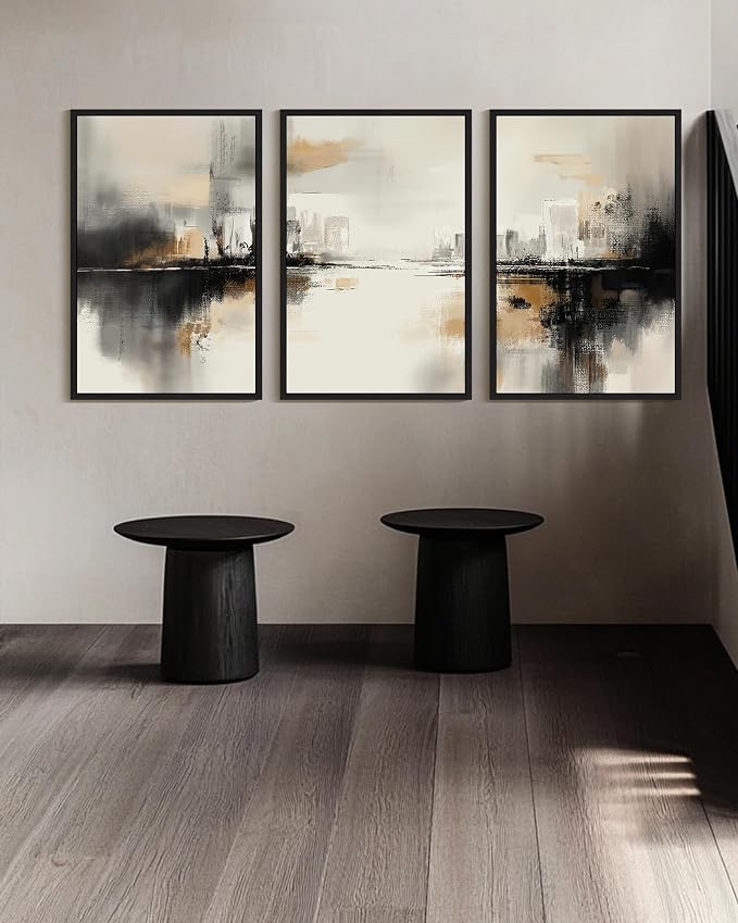 PHOPAGO Black Gray Abstract Landscape Framed Wall Art Huge 24x36in Brown Tan Neutral Wall Decor Minimalist Modern Illustrations Prints Bedroom Home Decor - Black Framed