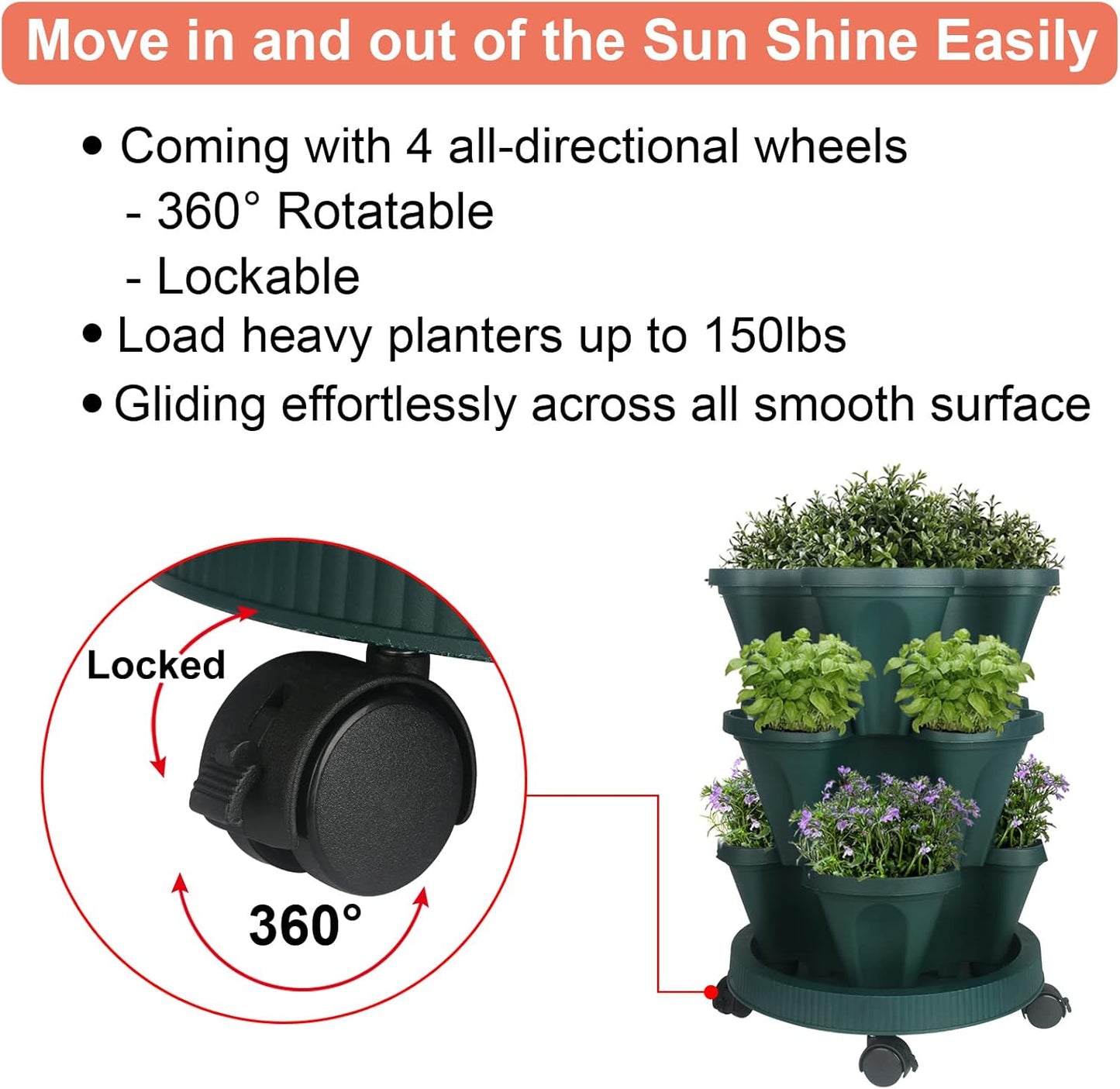 Vertical Planter 3 Tier Stackable Planters Garden Planters Strawberry Herb Flower and Vegetable Planter Indoor Outdoor Gardening Pots with Removable Wheels and Tools