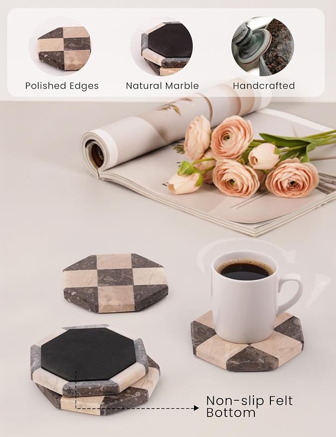 Marble Coasters Set of 4, Oceanic & Verona Handmade 4 inch Star Stone Coaster, Decorative Checkered Cup Coaster for Coffee Table, Housewarming Gift & Luxury Kitchen Accessories