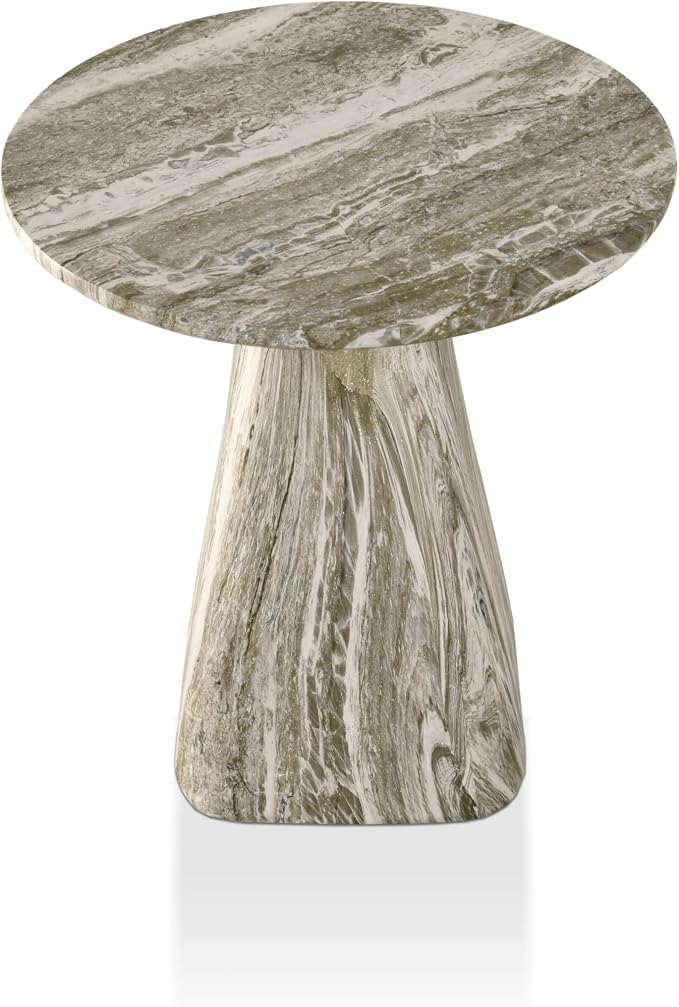 24/7 Shop at Home Ranera Modern 18-inch Natural Stone Side Table with Angular Pedestal Base, Marble Nightstand, Geometric Patio End Table, for Living Room, Covered Outdoor Spaces, Gray Travertine