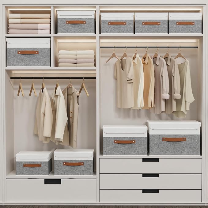 Yawinhe Collapsible Storage Bins, Stackable Boxes with Lids, Cube Clothes Organizer Basket with Handles for Home, Grey and White, 10.2x7.9x6.7 In, 3-Pack, SNK024WGN-3