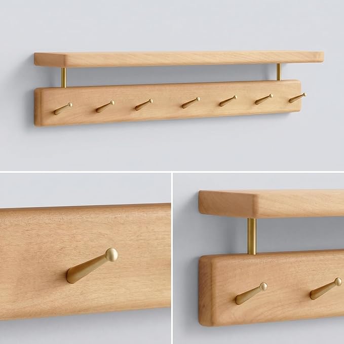 Solid Wood Wall Hooks with Shelf, Coat Rack Wall Mount, Entryway Hanging Shelf with 7 Brass Hooks for Hats, Clothes, Towels, Bags, Beech Wood, Natural