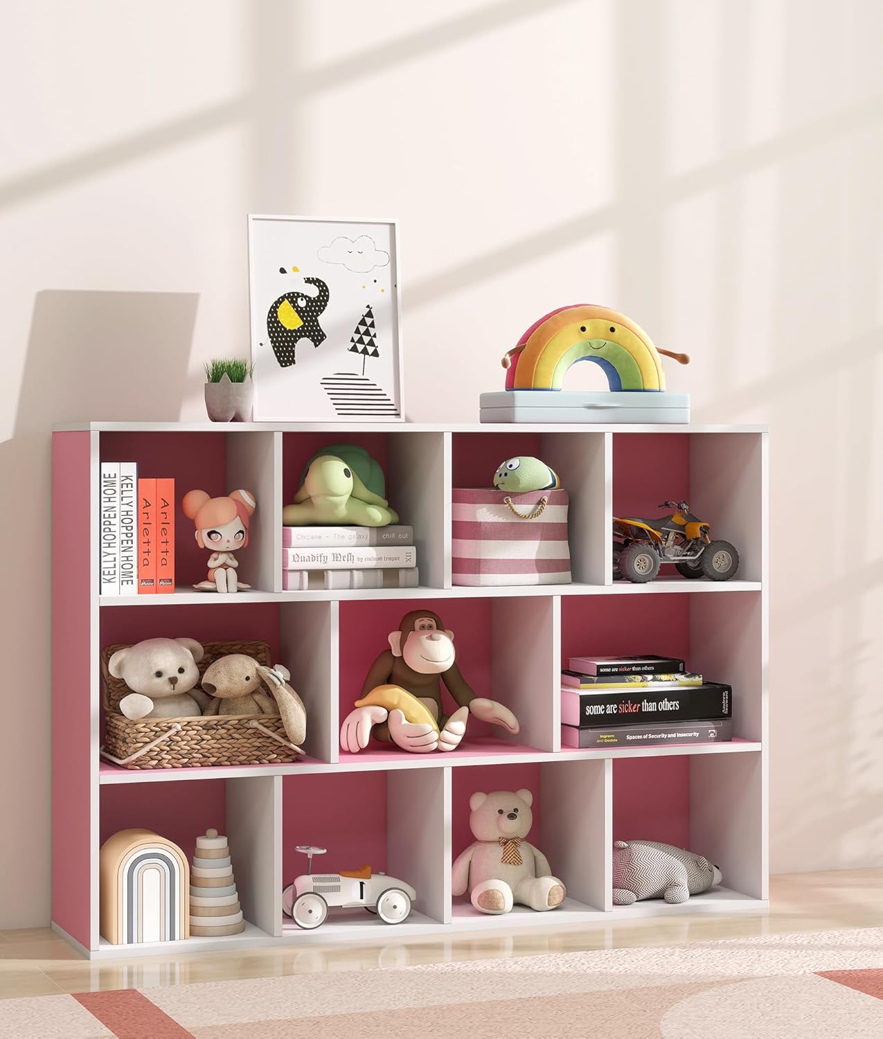 11-Cube Pink Kids Bookshelf and Toy Organizer – Wooden Storage Shelf for Girl’s Room and Nursery, Ideal Gift for Toddlers and Preschoolers