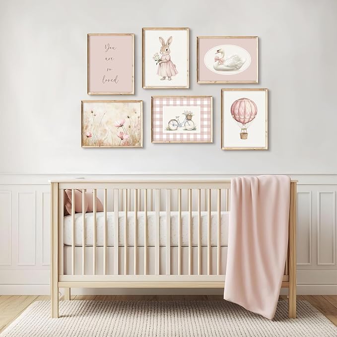 Pink Nursery Wall Art Decor Baby Girl Room Pictures Vintage Nursery Canvas Wall Decor Bunny Prints Floral Swan Poster Cute Rabbit Painting Artwork for Toddler Girls Bedroom 12x16x6 Inch Unframed