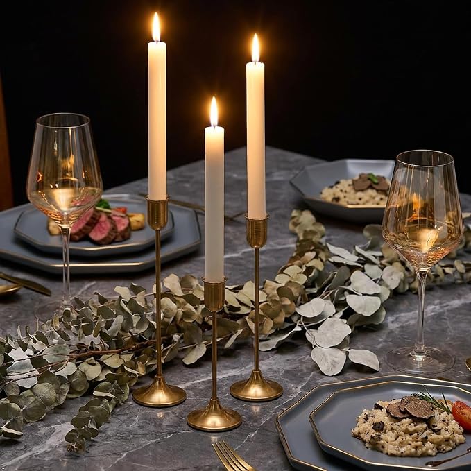 Gold Candlestick Holders Taper Candle Holders, Brass Metal Candle Stick Holders Set of 3, Vintage Modern Decorative Table Centerpiece for Candlelight Dinner, Mantel Wedding Housewarming Décor