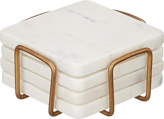 Queenza White Marble Coaster Set with Holder, 4 Inch Square Modern Coasters for Coffee Table - Coasters with Padded Bottom