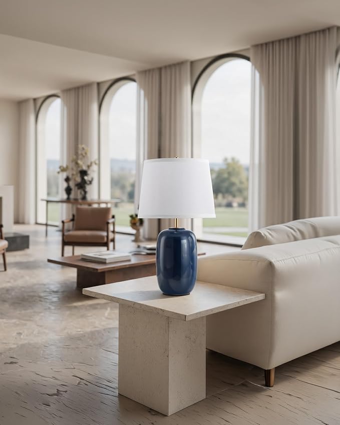 PUSU 22 Inch Blue Ceramic Table Lamps Set of 2, Fabric Lampshade Living Room Office Desk lamp, E26 Socket Rotary Switch Lighting for Bedroom, Nightstand, Reading, Office, Study, Corner, Home Decor