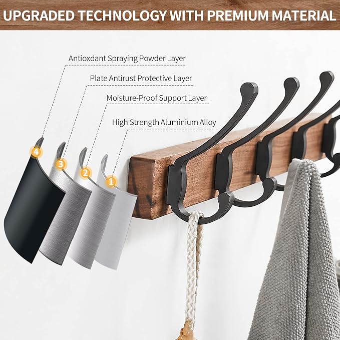 Coat Rack Wall Mounted, Heavy Duty Walnut Wood Hook Rack Rail with 5 Double Dual Metal Wall Hooks for Hanging Coats, 19.7" Long Hanging Coat Hanger for Entryway, Bathroom, Bedroom (Black)