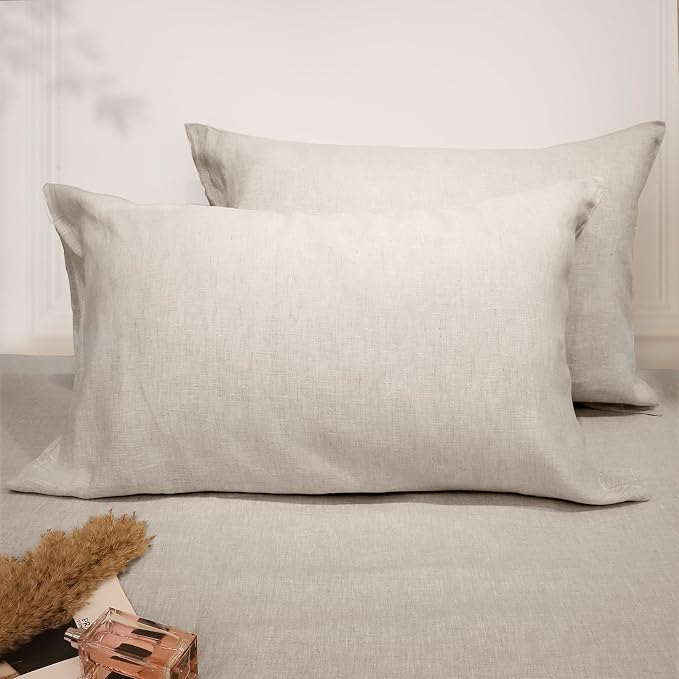 Linen Pillow Cases Queen Size Set of 2, 100% French Flax Linen Pillowcases Breathable Washed Pillow Covers with Envelope Closure for Cooling Sleep Bedding Gift(Natural Linen,20x30)