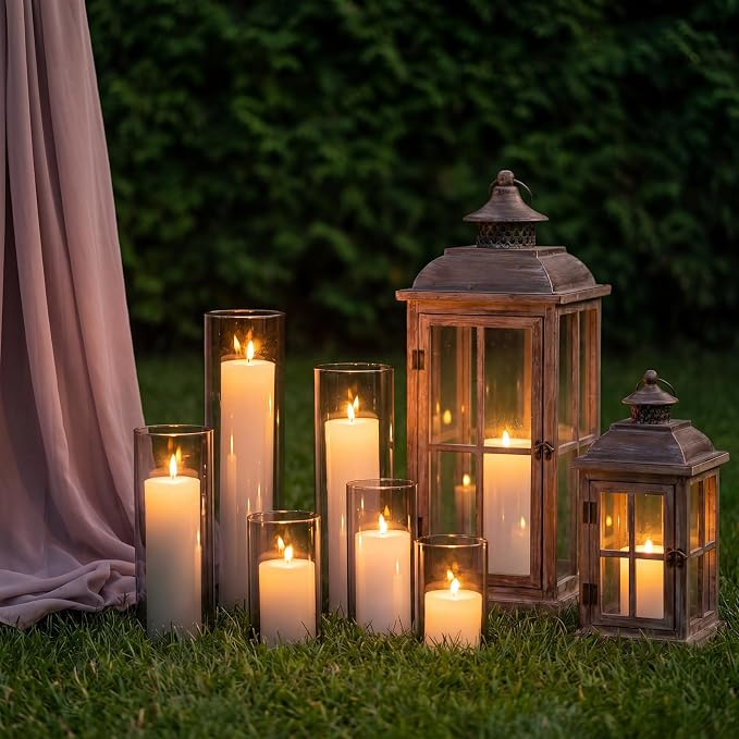 Shihanee Set of 6 Pillar Candles and Glass Cylinder Vases Assorted Sizes Cylinder Holders for Pillar Candles Home Table Centerpieces Wedding Party Decorations (White,Smoky Black)