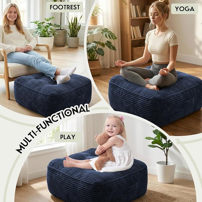 11In Washable Floor Pillow for Adults, Yoga & Meditation Cushion with Handle, Square Large Pillows Seating with Removable Tufted Corduroy Cover for Tatami Living Room Board Games (Blue)
