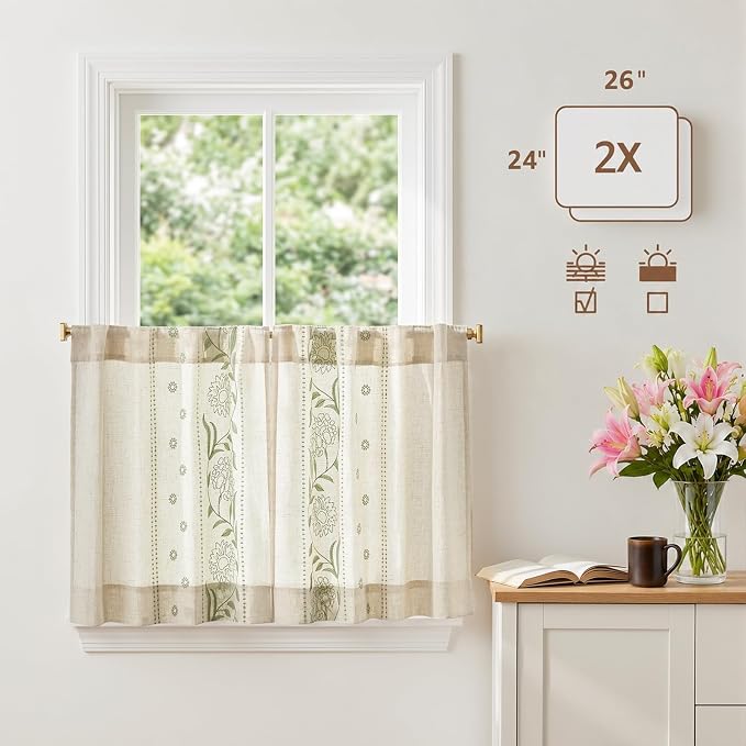 jinchan Winslow Linen Kitchen Curtains 24 Inch Length Small Window Curtains Embroidered Bordered Floral Drapes Light Filtering for Bathroom Laundry Room Farmhouse Decor Green on Beige 2 Panels