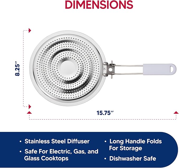 HIC Kitchen Heat Diffuser Reducer Flame Guard With Removable Handle, Stainless Steel, Distributes Heat Evenly And Reduces Scorching, For Gas Electric Glass Stovetops, 8.25-Inch, Set of 2