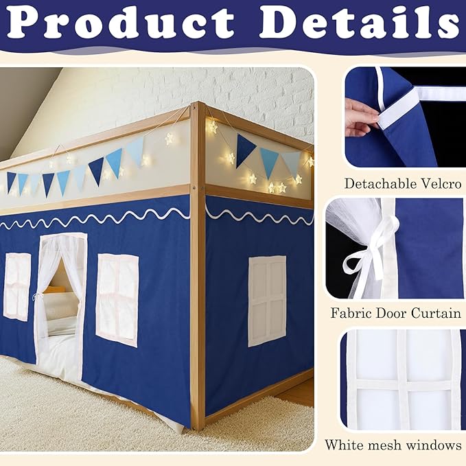 Breling 3 Panel Bunk Bed Curtains for Bottom Loft Bed Tent Set with Felt Flag Double-Layer Twin Bunk Curtains Playhouse Accessories for Boy Girl Bedroom(Blue and White)