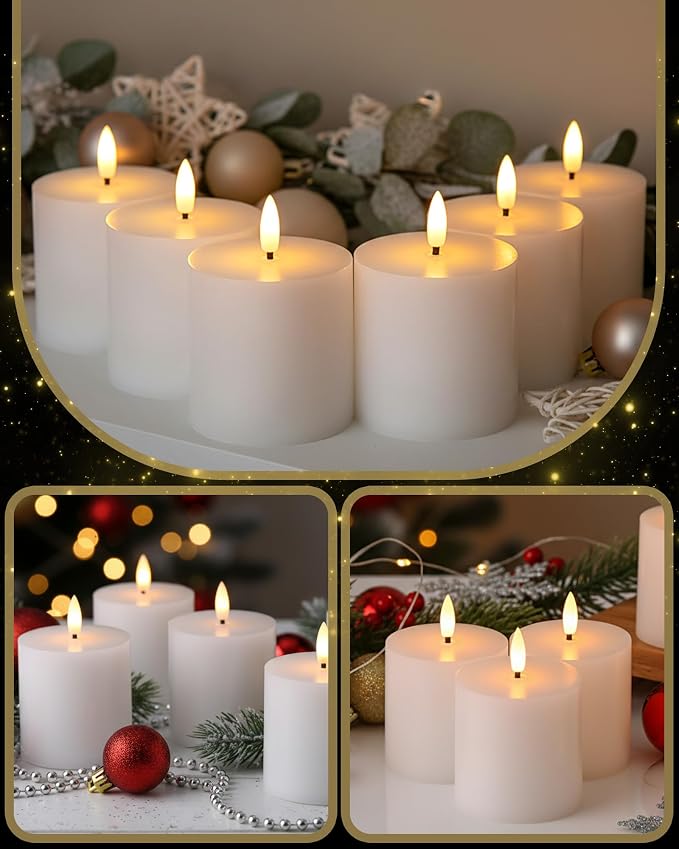 VIHOSE 6 Pack White Flameless Candles Set with Remote and Timer Flickering Flameless Battery Candles Flat Top LED Pillar for Wedding Outdoor Home Festival Decoration(D 3" H 3")