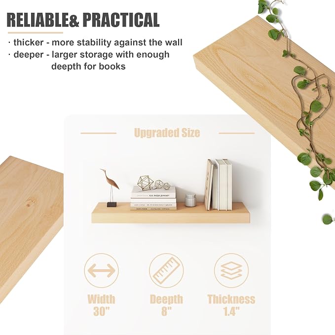 Floating Shelves for Wall, USA-Sourced Beech Wood 30 Inch Wall Shelves Set of 2, Natural Wooden Mounted Picture Ledge Shelf, Nursery Book Storage Shelf Kids Bookshelf Display, Shelf for Bathroom