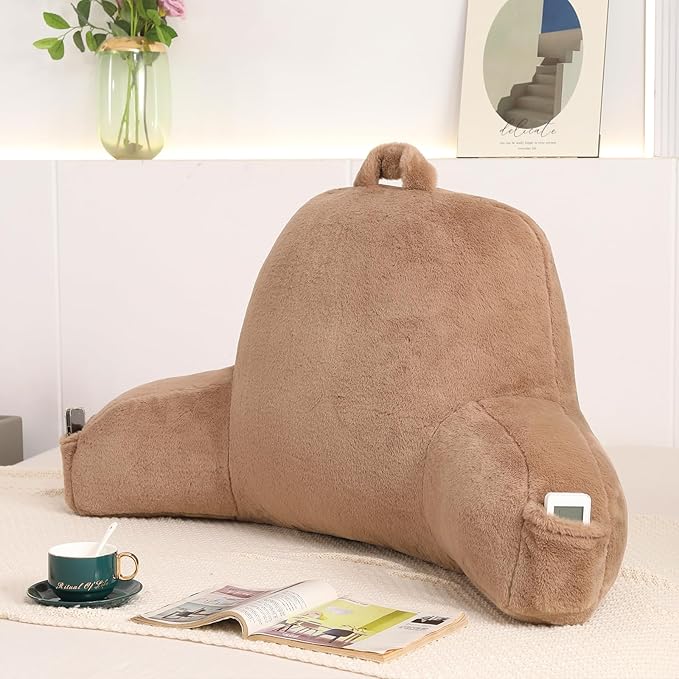 Soft Reading Pillow for Bed with Arms,Middle,Khaki,Faux Fur | 17" Backrest with Arms for Gaming & Lounging,Oeko-TEX Certified Plush Back Pillow for Teens Room