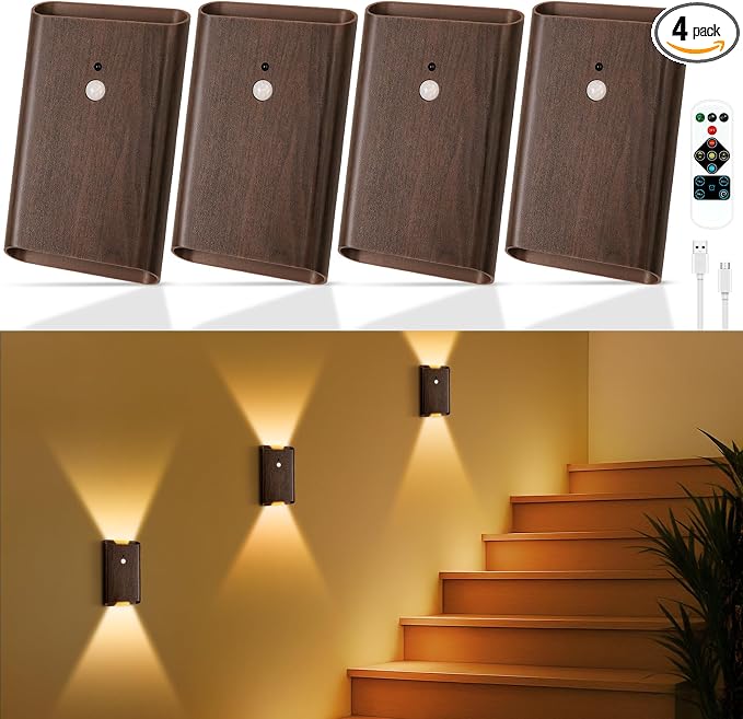 4 Pack Battery Powered Motion Sensor Wall Sconces: 5000mAh Rechargeable LED Wall Light with Remote, Magnetic Motion Sensored Stair Light Indoor Wireless Sconce for Hallway Bedroom Bedside, Walnut