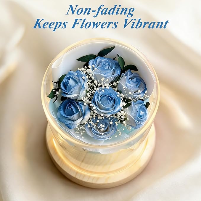 Mother's Day Gifts for Mom Rose Gifts for Her Birthday Gift for Women Glass Rose in Glass Dome Forever Eternal Ice Blue Roses with AnniversaryValentines Day Gifts for Daughter Mom Wife Girlfriend