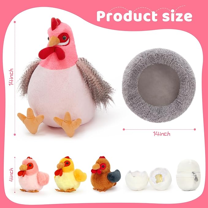MaoGoLan 8Pcs Chicken Stuffed Animals, Stuffed Laying Hen Chicken Plush Toys with 3 Babies Chickens and 3 Eggs,1 Nest House Plush Set, Cute and Soft Farm Stuffed Animals Gift for Kids,Girls,Boys,Pink