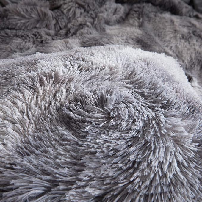 Tie Dye Printed Faux Fur Bedding Set Modern Abstract Shaggy Plush Duvet Cover with Pillow Shams, Ultra Soft Warm (Queen, Tie Dye Gray)