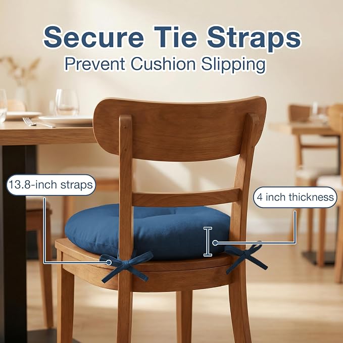 Navy Blue Bistro Chair Cushions Set of 2, Round Seat Chair Pads with Ties for Dining Room Patio