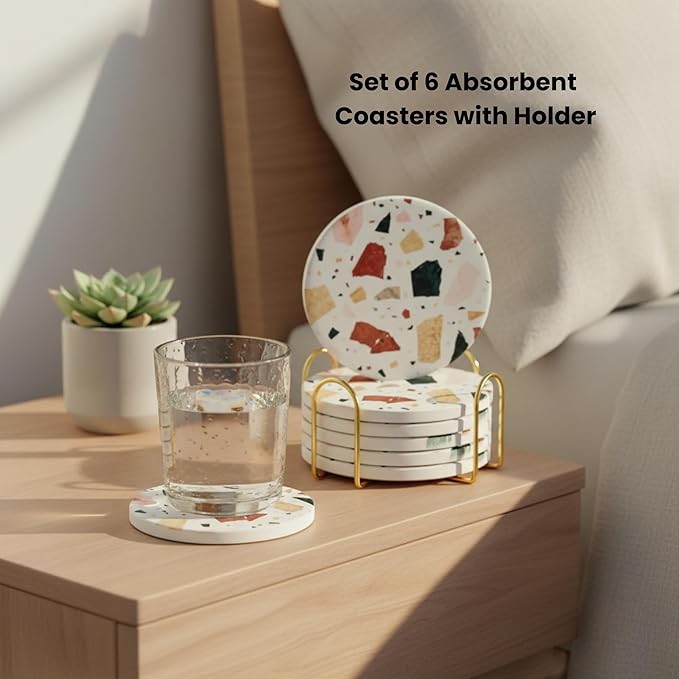 Absorbent Coaster Set of 6 with Holder, Drink Coasters for Coffee Table, Kitchen, Home Decor, Cute Ceramic Round Coasters, Alternative to Silicone, Cork or Glass Coaster (Terra)