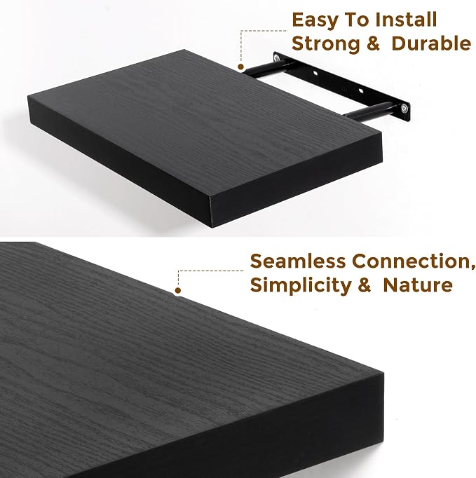 48 inch Floating Shelves, Black Extra Long Floating Shelves with Invisible Brackets, 9.3in Deep Wooden Shelf for Living Room, Bathroom, Kitchen, Office, Floating TV Stand, 2 Packs