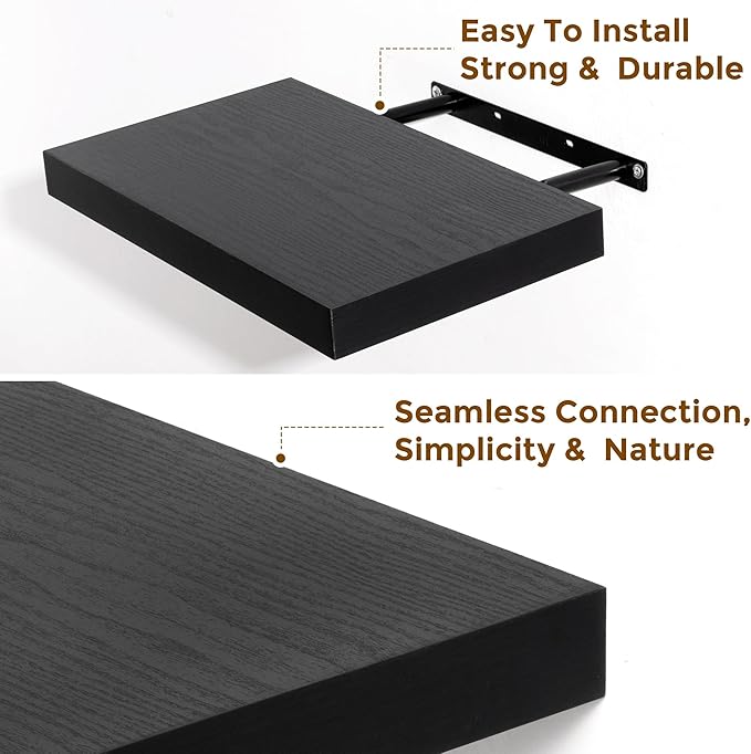 Black Floating Shelves for Wall, 36 inch Wooden Wall Mounted Shelves, 9.3in Deep Floating Book Shelves, Large Display Shelves for Bathroom Kitchen Living Room, 36"W x 9.3"D x 1.5"H, 2 Packs